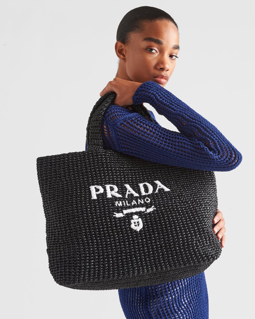 PRADA Yarn Raffia Effect Crochet Embroidered Small Logo Tote