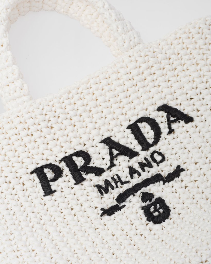 PRADA Yarn Raffia Effect Crochet Embroidered Small Logo Tote