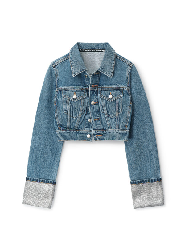 CRYSTAL CUFF CROPEED DENIM JACKET