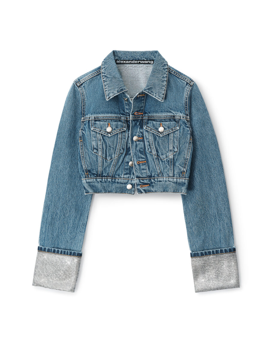 CRYSTAL CUFF CROPEED DENIM JACKET
