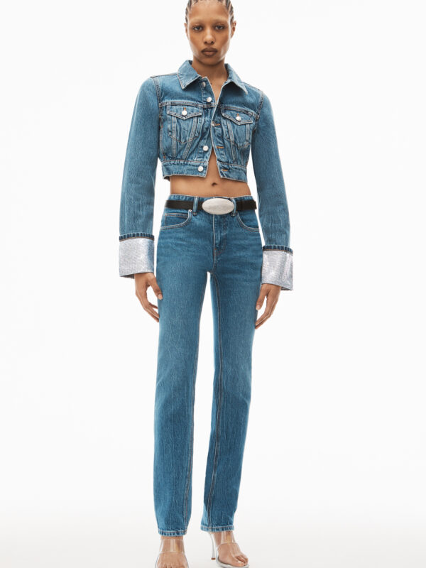 CRYSTAL CUFF CROPEED DENIM JACKET