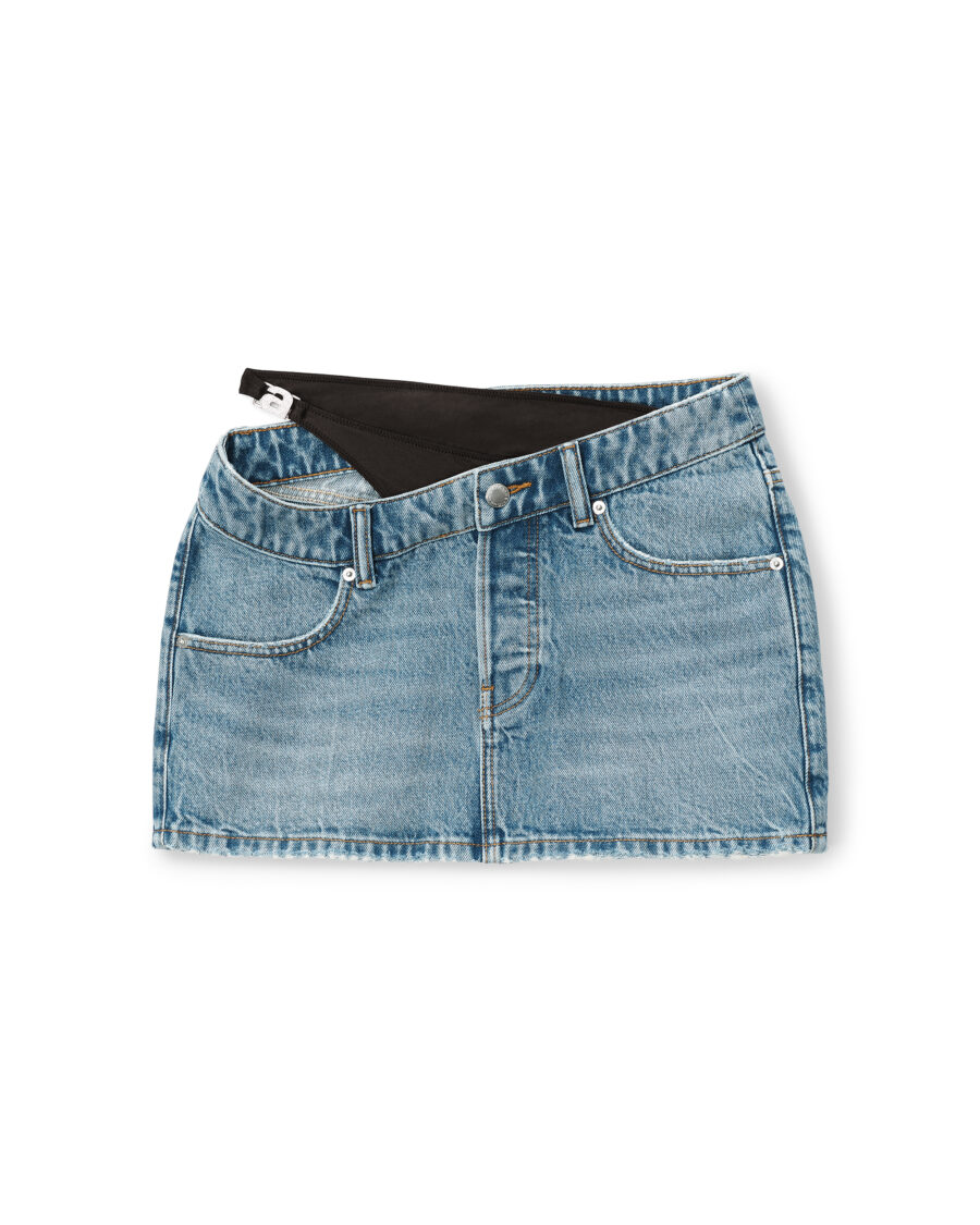 ASYMMETRIC BIKINI LAYER MINI DENIM SKIRT