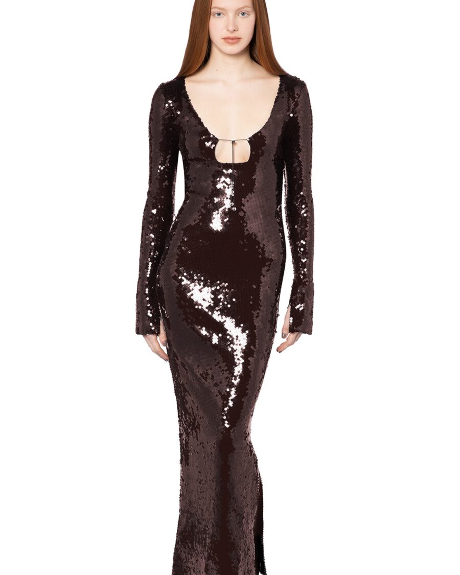 SOLARIA MIDI DRESS IN BITTER CHOCOLATE SEQUIN