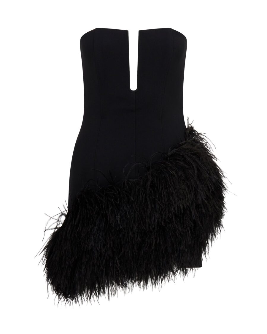 ASYMMETRIC FEATHERED HEM MINI DRESS