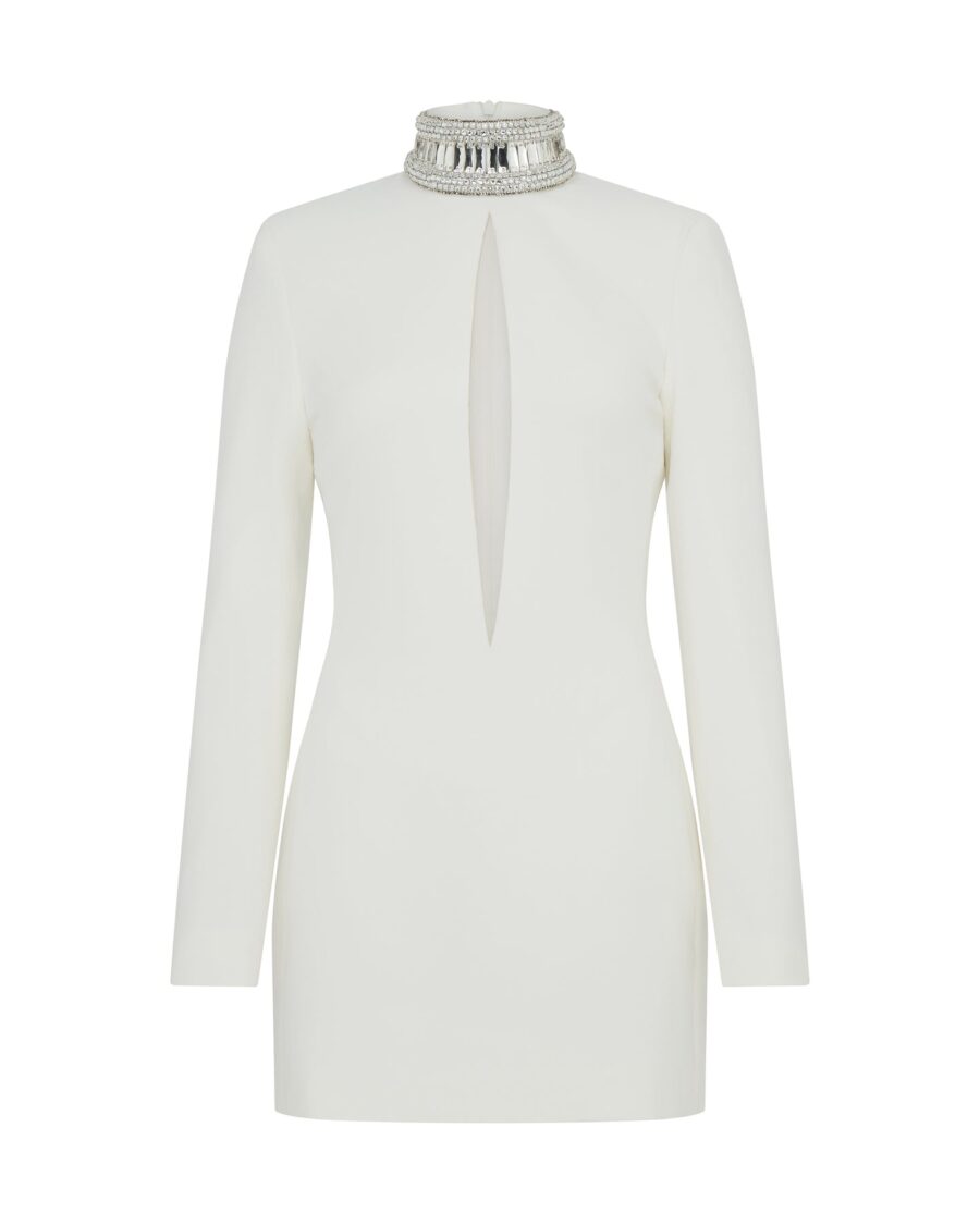 CRYSTAL EMBROIDERED HIGH COLLAR MINI DRESS