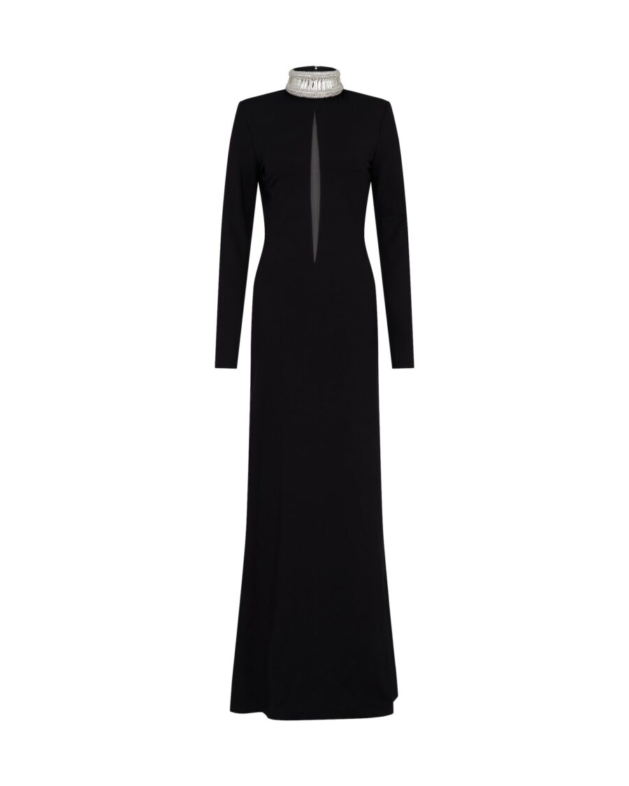 CRYSTAL EMBROIDERED HIGH COLLAR GOWN