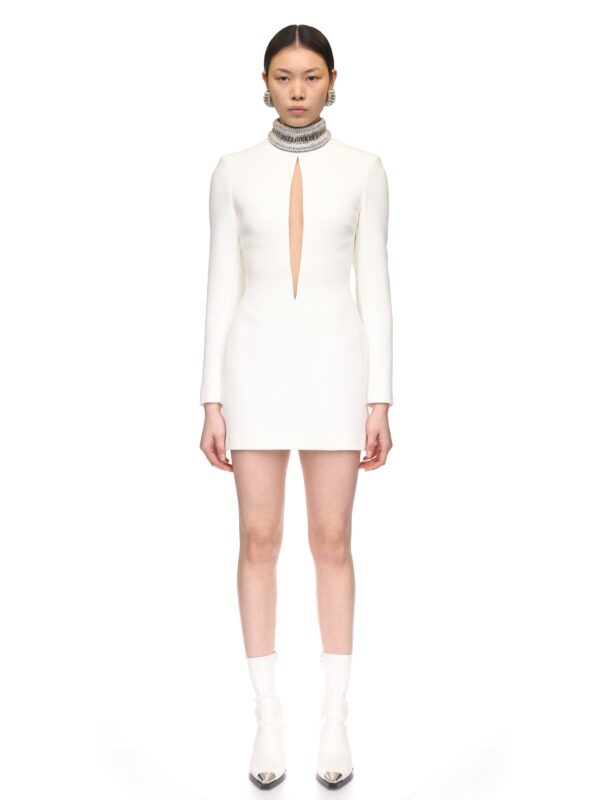 CRYSTAL EMBROIDERED HIGH COLLAR MINI DRESS