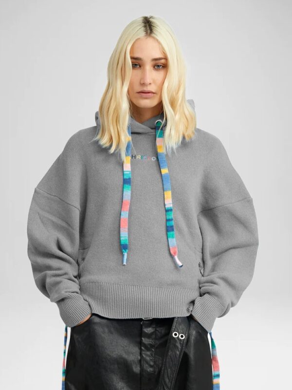 CROP HOODIE STRING SWEATER HEATHER GREY