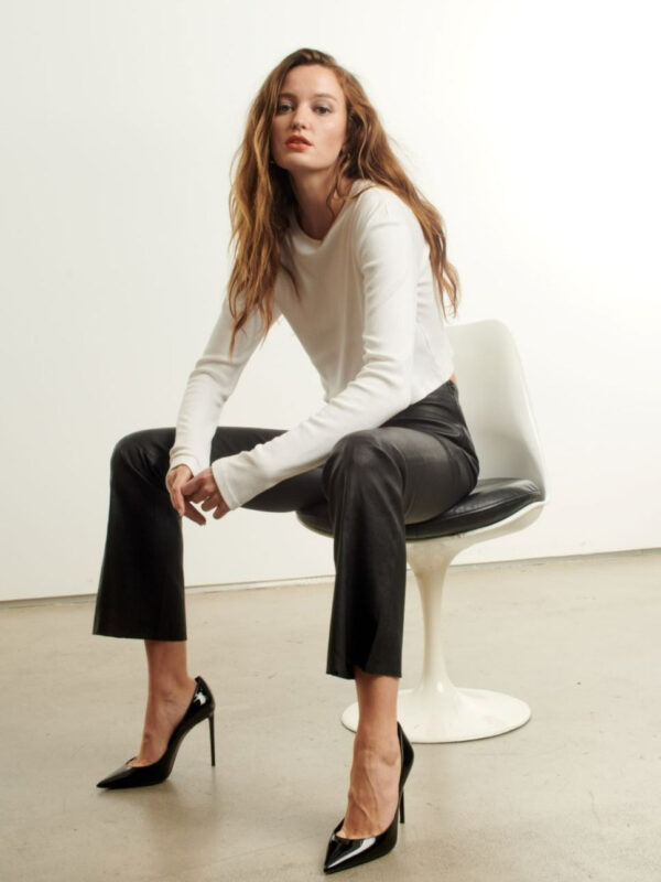 BLACK LEATHER ANKLE FLARE PANTS WITH PRINCESS SEAMS