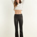 BLACK LEATHER ANKLE FLARE PANTS WITH PRINCESS SEAMS