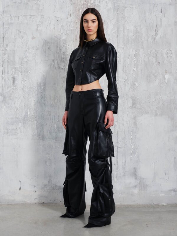 BIANCA PLONGE NAPPA LEATHER CROPPED SHIRT