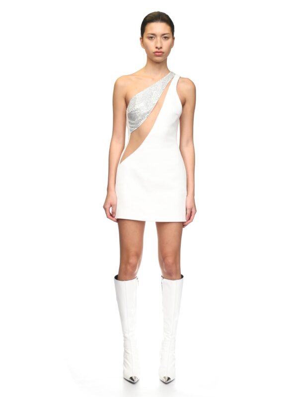 CRYSTAL EMBROIDERY ONE SHOULDER MINI DRESS