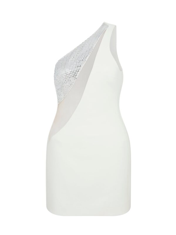 CRYSTAL EMBROIDERY ONE SHOULDER MINI DRESS