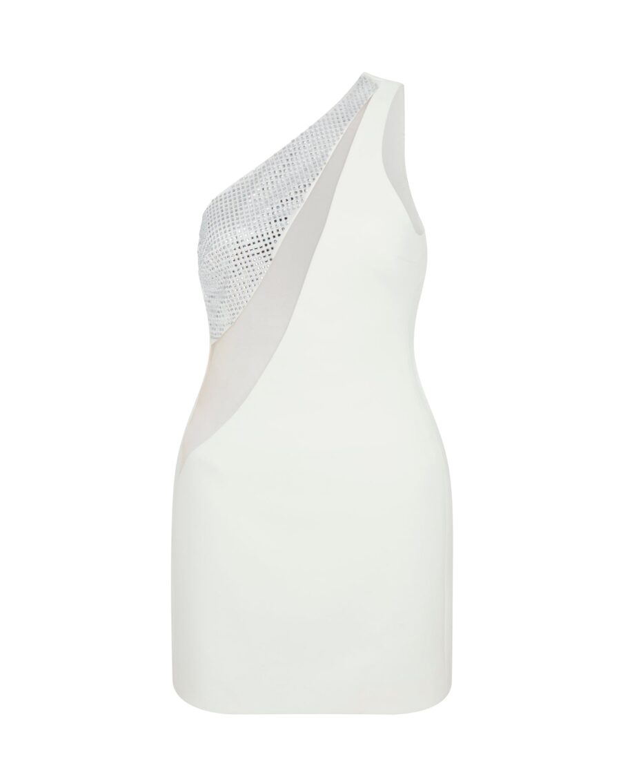 CRYSTAL EMBROIDERY ONE SHOULDER MINI DRESS