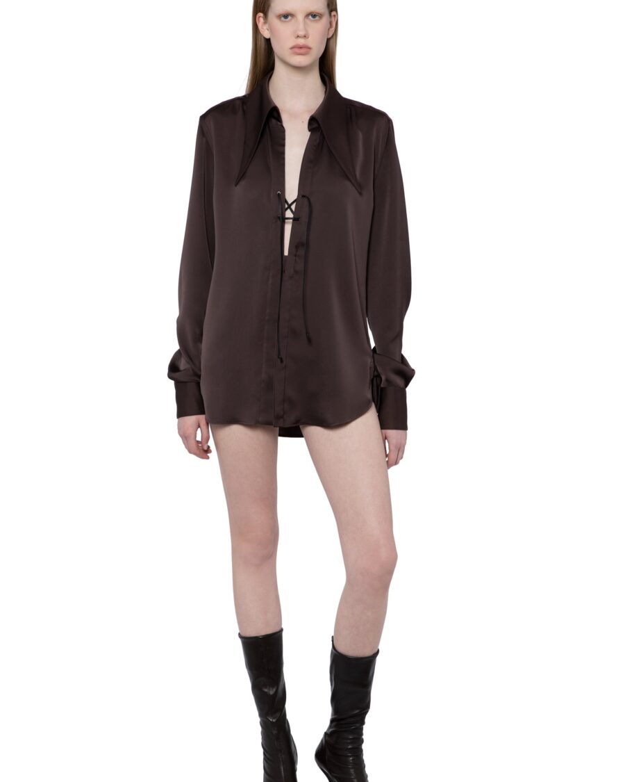 AMBROSE SHIRT IN BITTER CHOCOLATE SATIN
