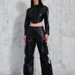 BIANCA PLONGE NAPPA LEATHER CROPPED SHIRT