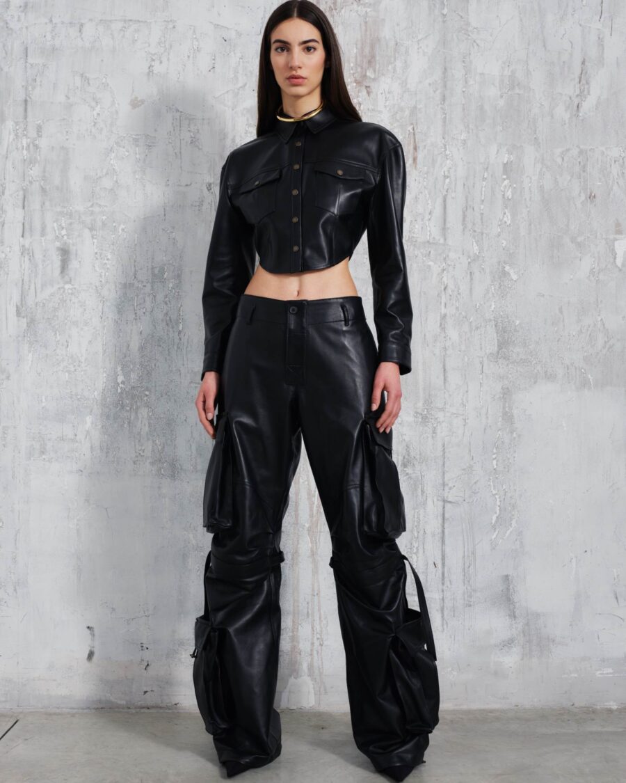 BIANCA PLONGE NAPPA LEATHER CROPPED SHIRT