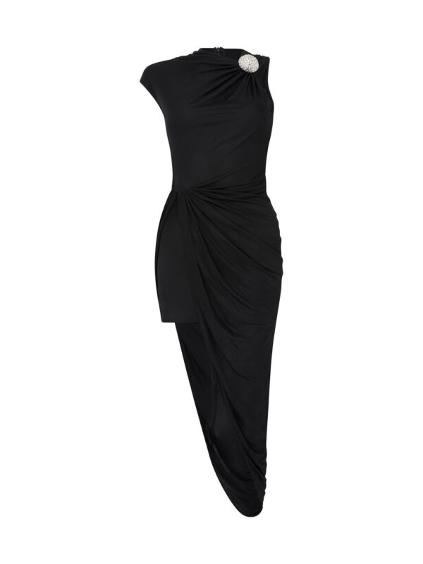 CRYSTAL BALLS AND RUCHED MESH MIDI DRESS