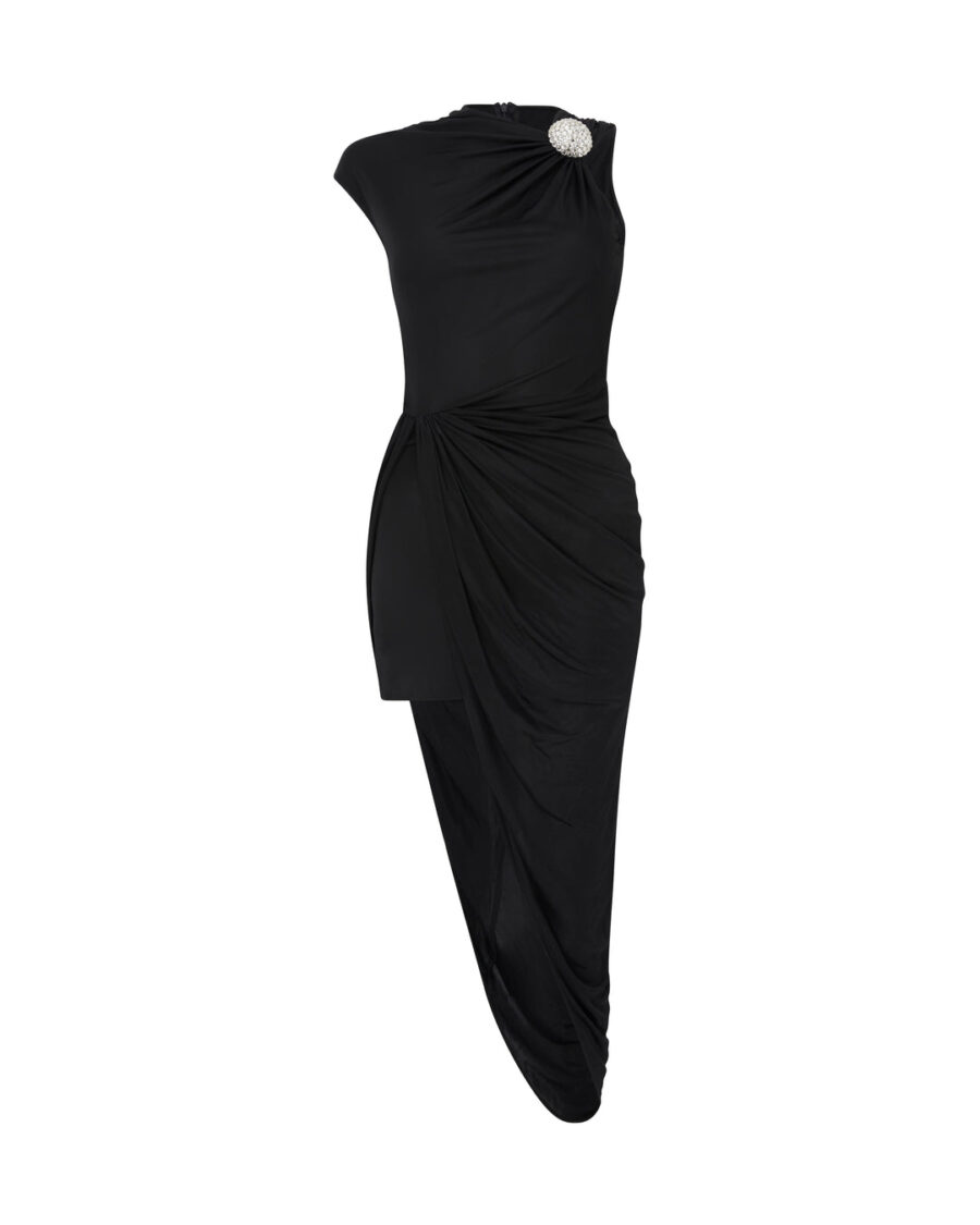 CRYSTAL BALLS AND RUCHED MESH MIDI DRESS