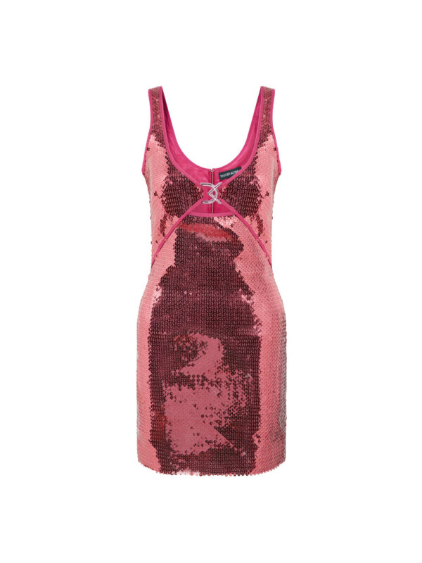 DK LOGO BUCKLE SEQUIN MINI DRESS IN PINK
