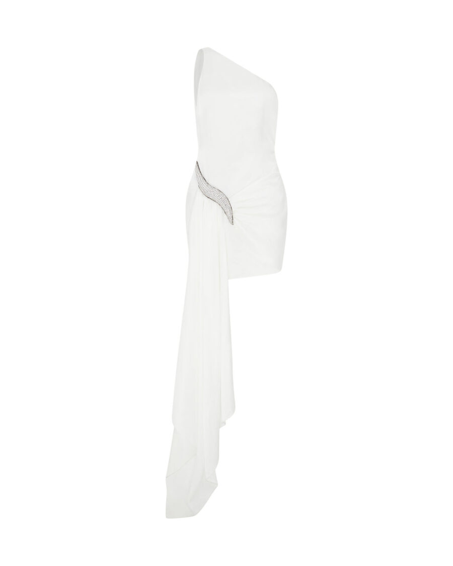 CRYSTAL EMBROIDERED ASYMMETRIC DRAPE DRESS
