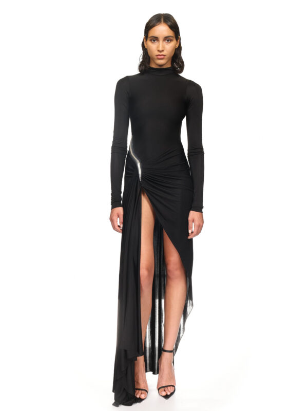 METALLIC CURVE DETAIL JERSEY GOWN