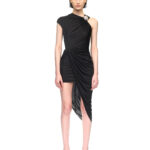 CRYSTAL BALLS AND RUCHED MESH MIDI DRESS