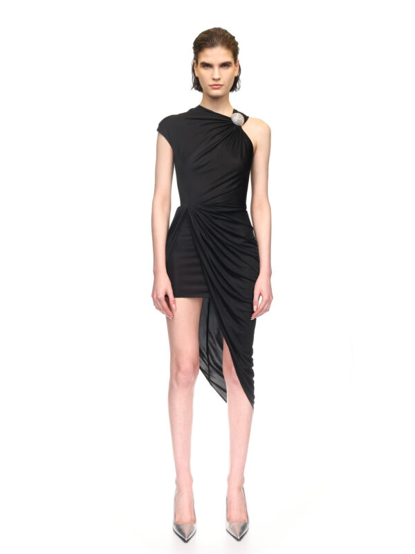 CRYSTAL BALLS AND RUCHED MESH MIDI DRESS