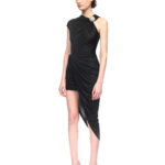 CRYSTAL BALLS AND RUCHED MESH MIDI DRESS