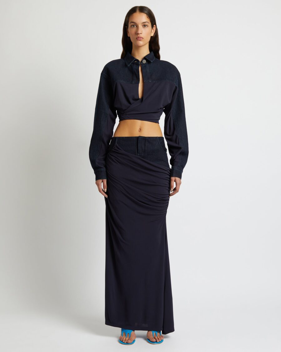 WRAPPED DENIM COLUMN SKIRT