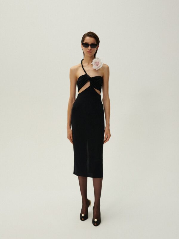 CUTOUT WIRED NECKLINE MIDI DRESS