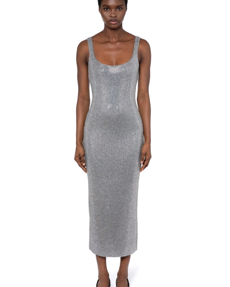 HORNET MIDI KNIT DRESS IN GRIGIO PERLA AND GLASS EMBELLISHMENT