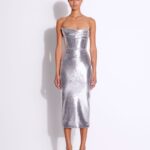 SEQUIN CURVED STRAPLESS DRAPE DRESS