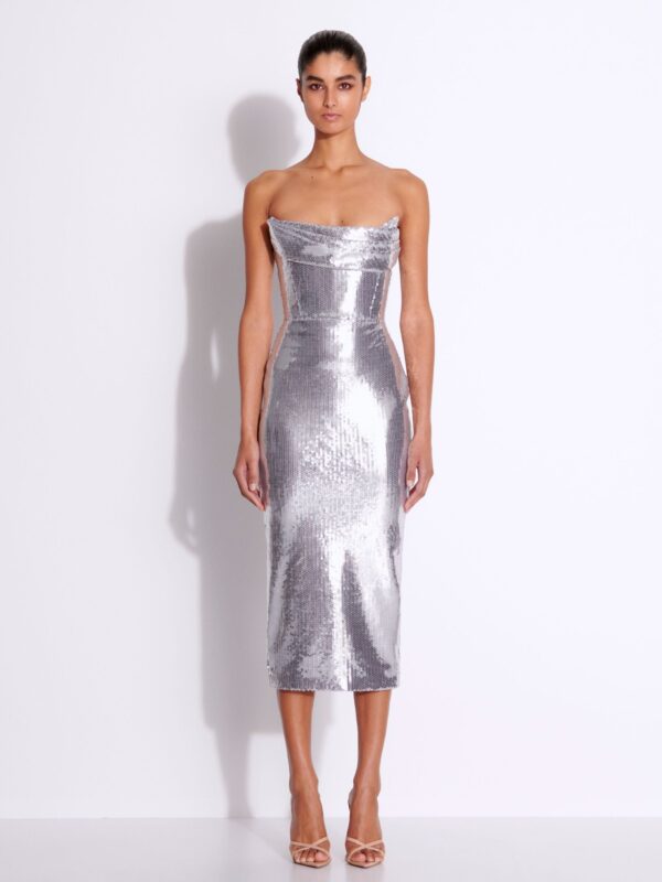 SEQUIN CURVED STRAPLESS DRAPE DRESS