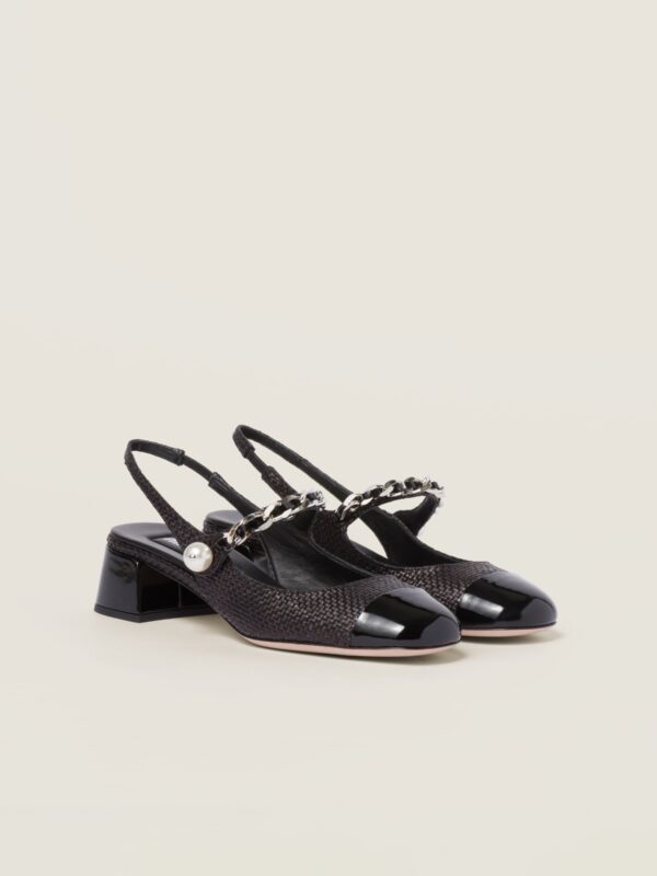 PATENT LEATHER AND RAFFIA SLINGBACK PUMPS