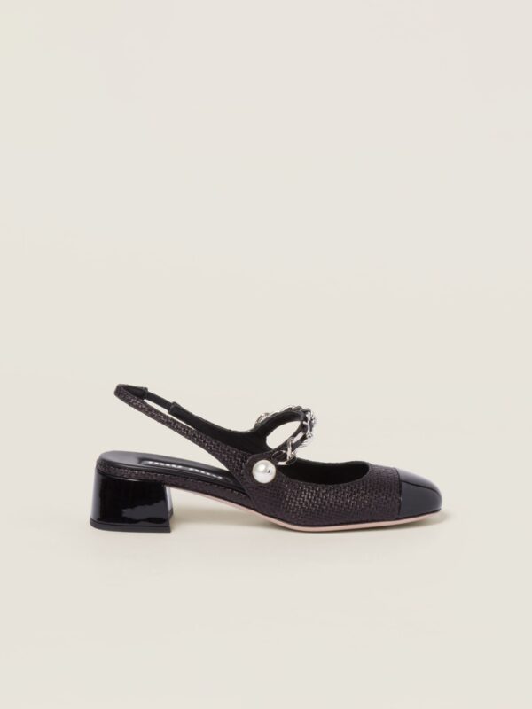 PATENT LEATHER AND RAFFIA SLINGBACK PUMPS