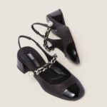 PATENT LEATHER AND RAFFIA SLINGBACK PUMPS