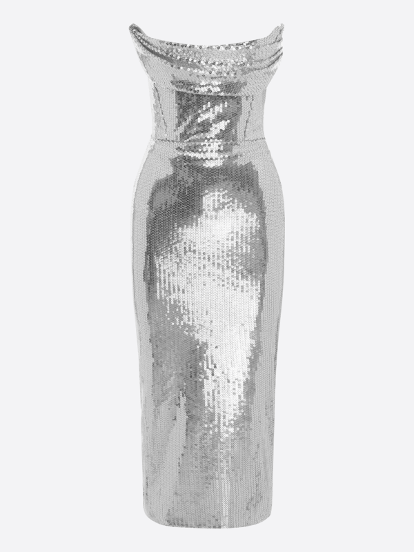 SEQUIN CURVED STRAPLESS DRAPE DRESS