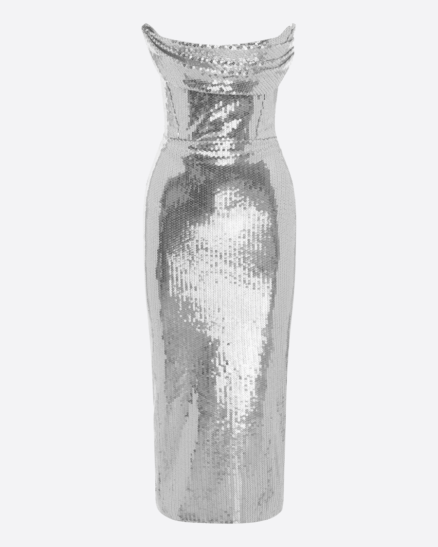 SEQUIN CURVED STRAPLESS DRAPE DRESS