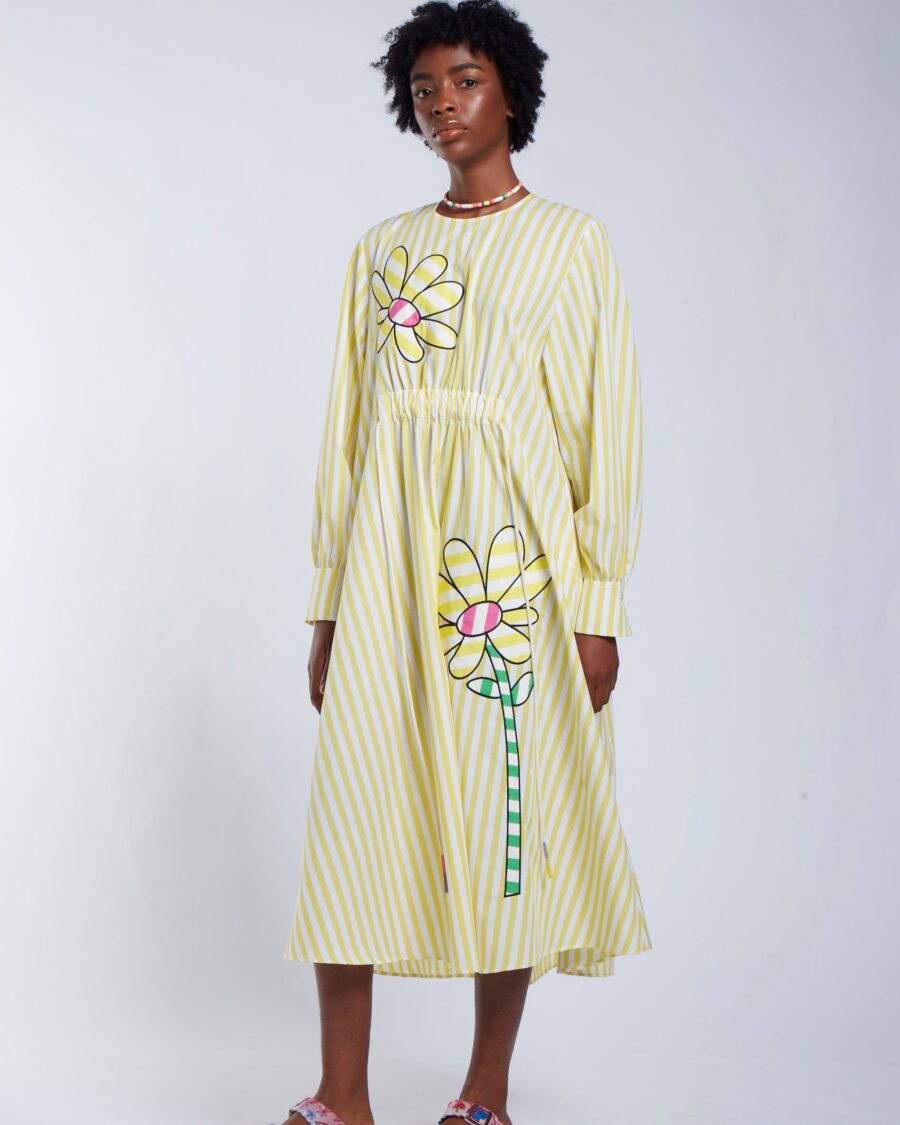 STRIPED FLOWER APPLIQUE DRESS