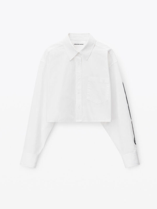 halo print cropped button-up shirt