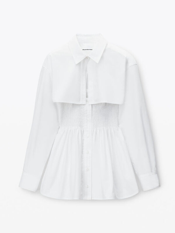 smocked mini dress with overshirt