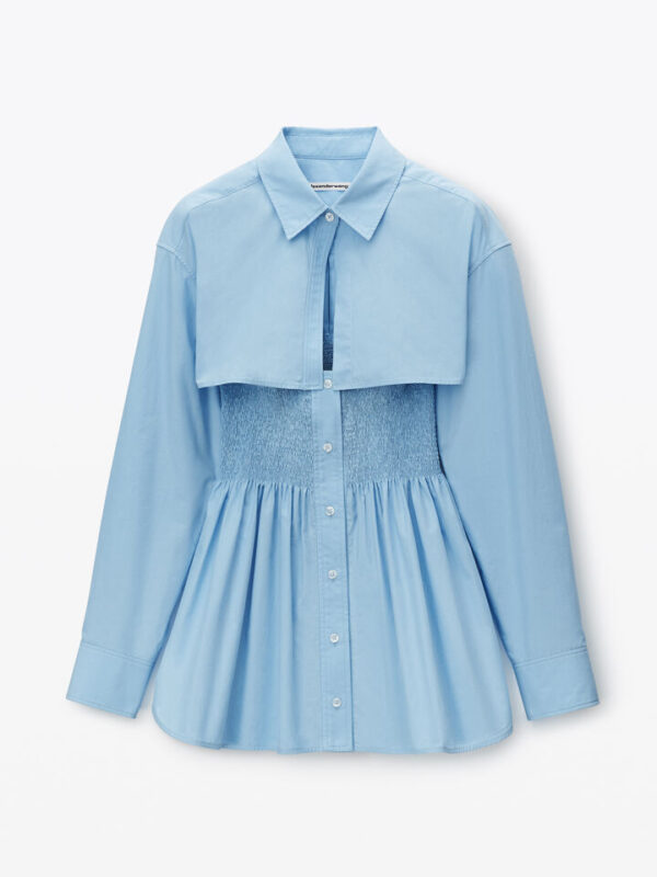 smocked mini dress with overshirt