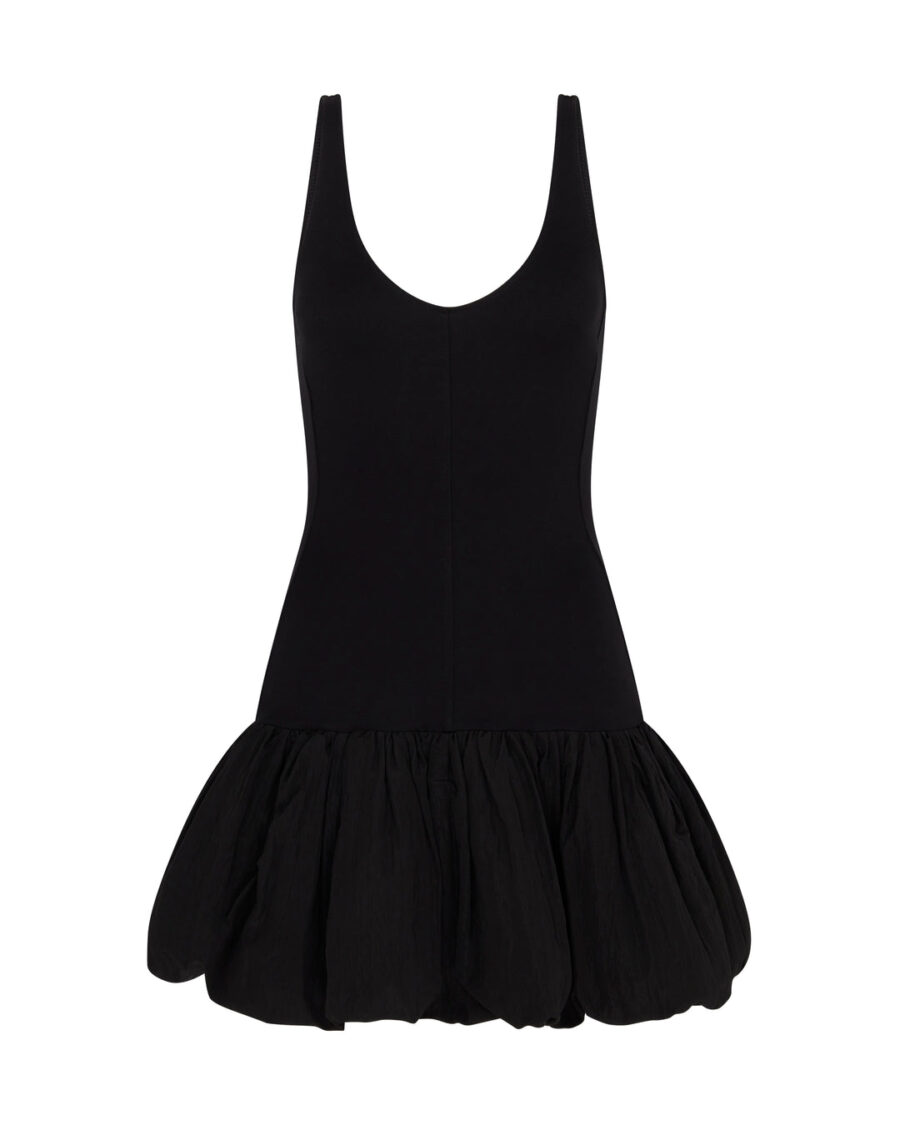BLACK PUFFBALL MINI DRESS