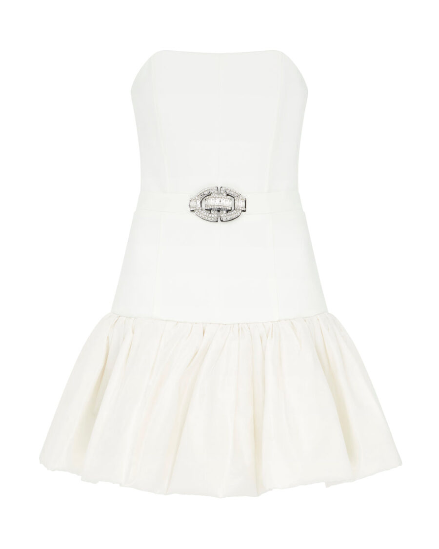 WHITE STRAPLESS BUCKLE MINI DRESS