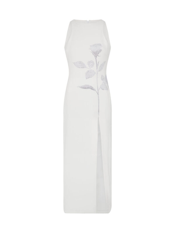 WHITE RHINESTONE ROSE MIDI DRESS