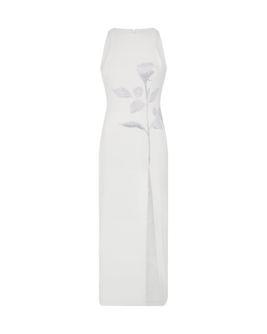 WHITE RHINESTONE ROSE MIDI DRESS