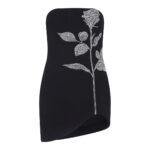 BLACK RHINESTONE ROSE STRAPLESS MINI DRESS