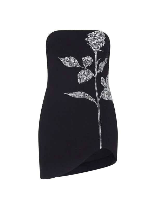 BLACK RHINESTONE ROSE STRAPLESS MINI DRESS