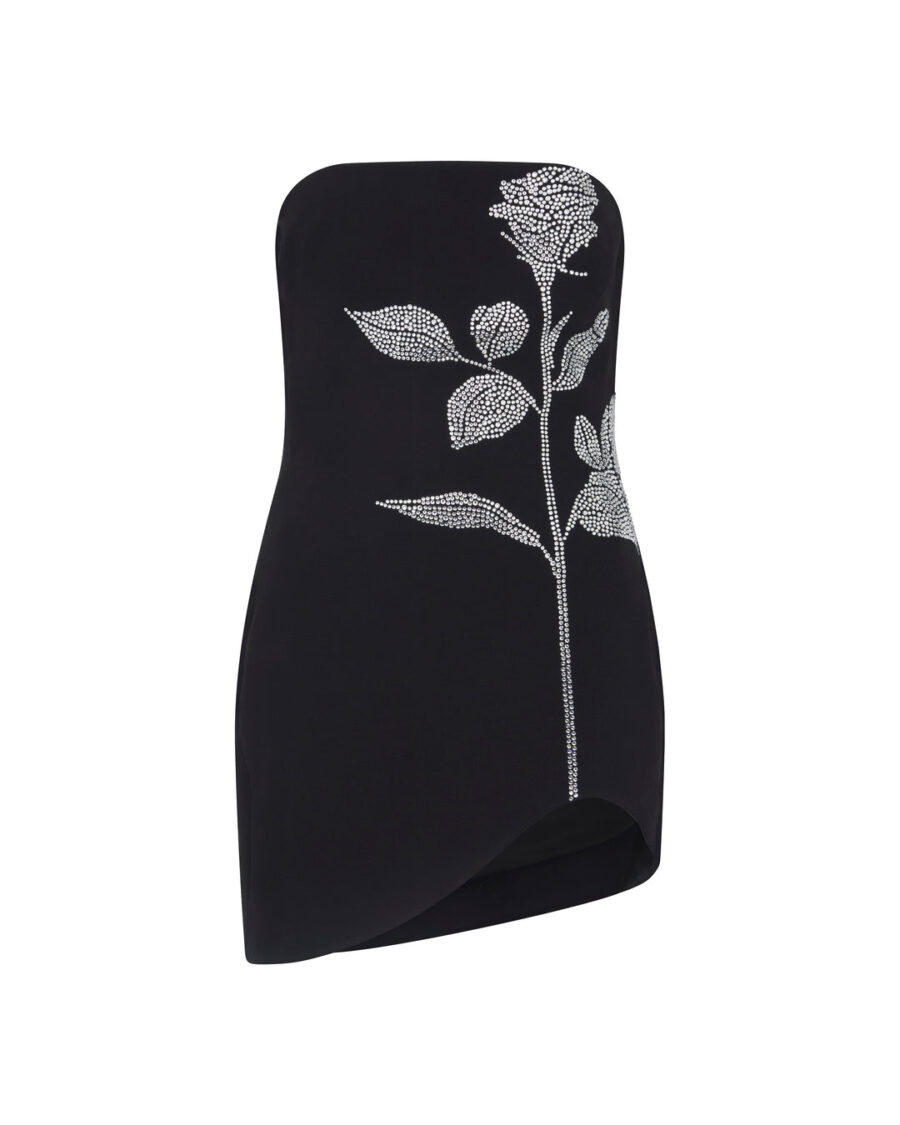 BLACK RHINESTONE ROSE STRAPLESS MINI DRESS